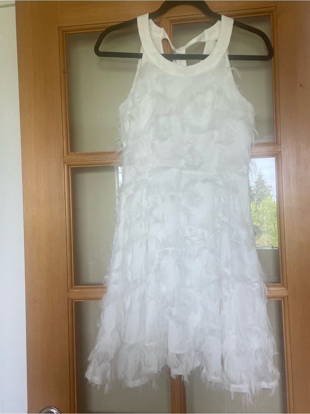 White Feather-Texture Party Dress Allyn Designer with satin zip back- A line